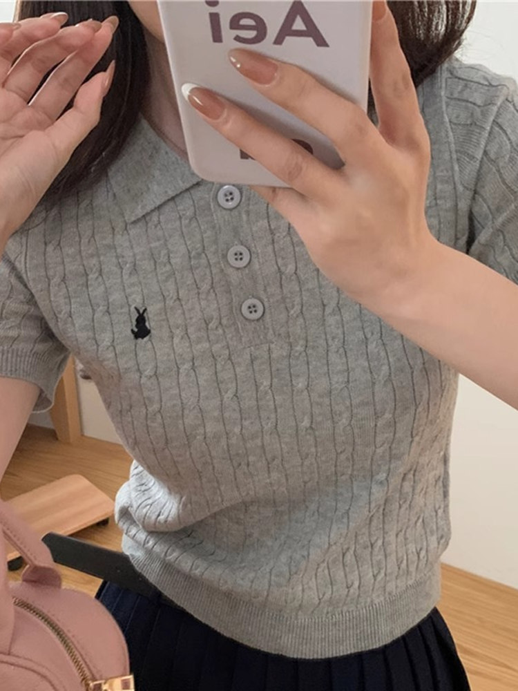 Embroidery Unique Design - Benzersiz Yaka Tişört Kadın Güzel Örme