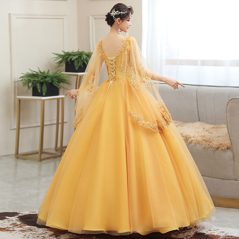 Embroidery Gold - Yeni Altın Nakış Uzun Kabarık Elbise